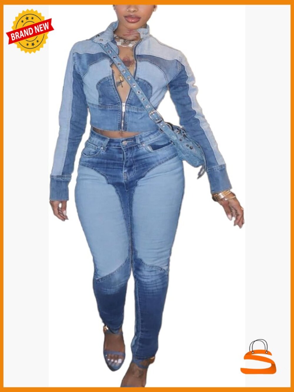 Y2K Denim Two Piece Set Long Sleeve Crop Jacket & Jeans